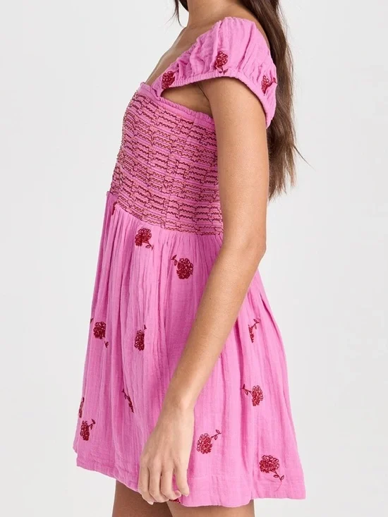 NWT Free People Tory Embroidered Mini Dress Pink Smocked Floral Boho Size Large - Picture 9 of 16